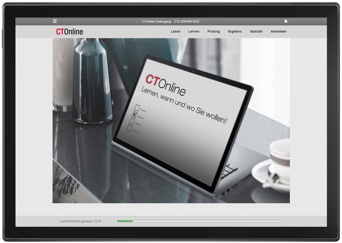 CTOnline am Tablet: Hauptauswahl mit Lesen, Lernen, Prüfung, Ergebnis und Statistik