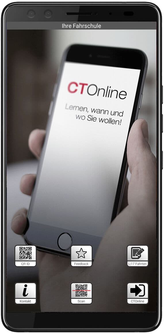 CTOnline App: Startbildschirm mit QR ID, Feedback, L17-Fahrten, Kontakt und Scan